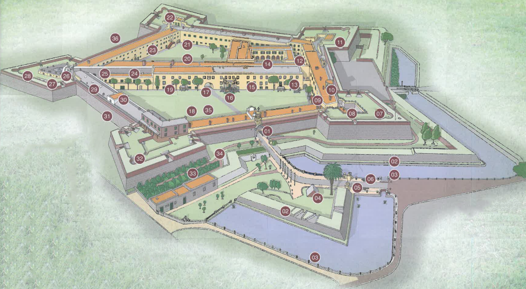 Labelled aerial map of the Castle of Good Hope showing thirty-six numbered features inside its star-shaped walls