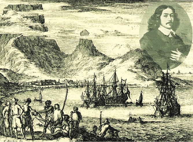 Engraving of Table Bay with VOC ships and a portrait of Jan van Riebeeck